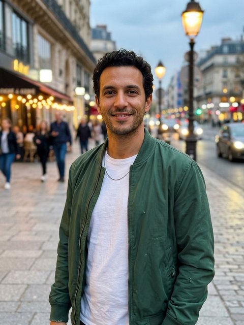 Input photo: fictional man with short dark curly hair in a green bomber jacket over a white t-shirt
